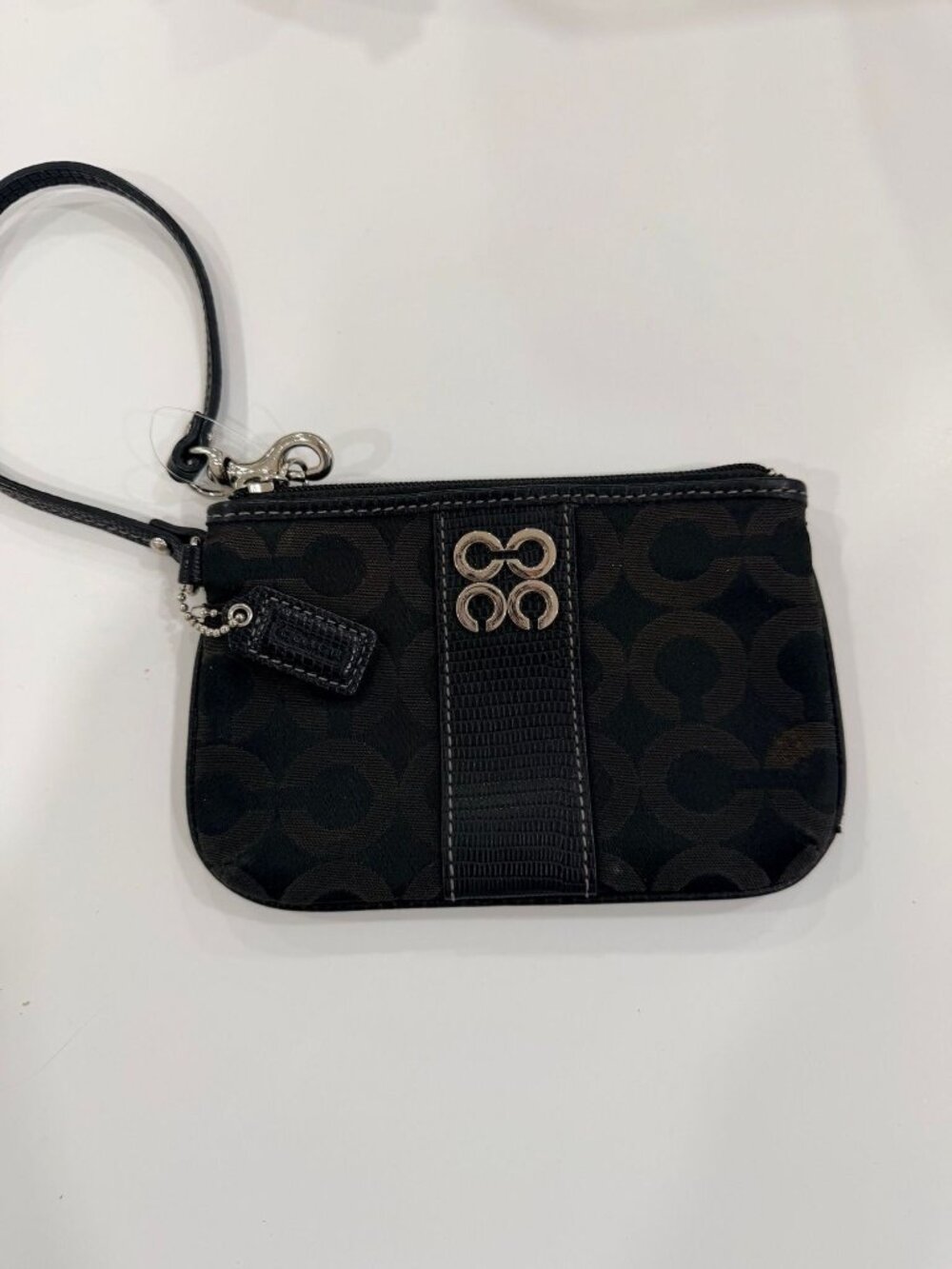 Coach Black Jacquard Wristlet with Black Leather Stripe and 4 C's Silver Logo VG